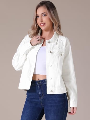 Women's Bride Jean Jacket Trendy Spring Long Sleeve Button Up Pearl Denim Jackets2