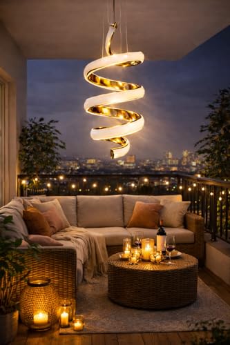 Image of Modern Gold Finish Spiral Shape Energy Saving Led Globe Pendant Hanging with 3 Different Color Mode (Warm White, Cool White, Neutral White) for Bedroom, Living Room, Restaurants, Dining, Home