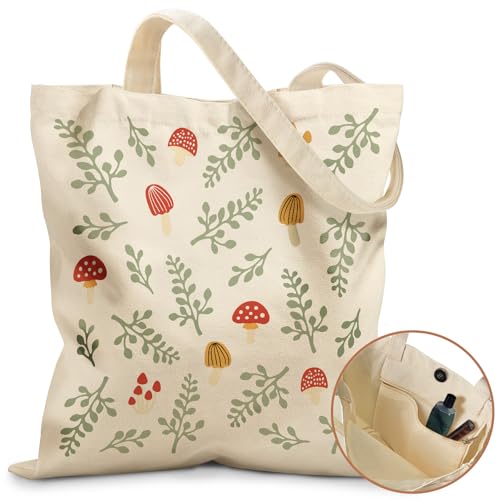 Miss Adola Aesthetic Tote Bag for Women - with Magnetic Buckle and Zipper Inner Pocket for Lady Cloth Cotton Tote Bag for Gym, Work, Travel, Library, Shopping,Mushroom Leaf