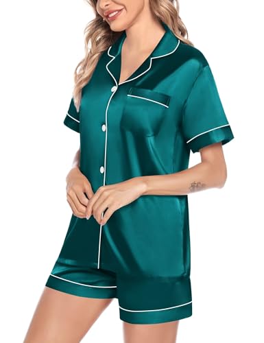 Image of SWOMOG Satin Matching Pajamas Sets Couple Silk Button Down Nightwear Women & Men Short Sleeve Sleepwear 2 Pieces Loungewear