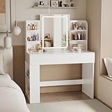 Airfish Coiffeuse avec Miroir et LED, Table de Maquillage avec 3 Étagères et 2 Tiroirs, Coiffeuse avec Grand Tiroir et Armoire, Lumière LED Réglable (Blanc)