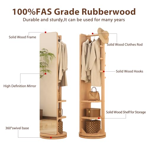 Image of WoodsWhisper Full Length Mirror Coat Rack Solid Wood Floor Mirror 70 inchx16 inch Full Length Mirror with Stand Long Mirrors for Bedroom,Living Room (Natural, 70 inch L x 16 inch W)