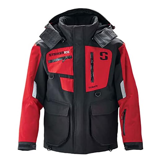 StrikerICE Men's Climate Jacket, Fishing Gear for Cold-Weather Conditions, Sureflote Technology, XL, Black/Red