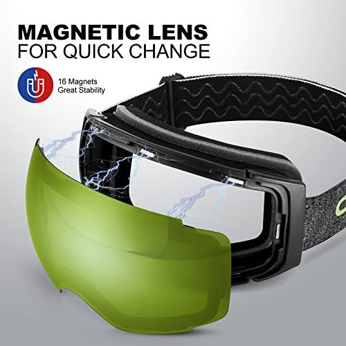 Odoland Magnetic Interchangeable Ski Goggles With 2 Lens, Large Spherical Frameless Snow Snowboard Goggles For Men Women, Black Frame Grreen Lens Vlt 35% #TOP1