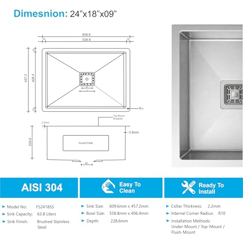 Image of Fossa Aqua 24 inchx18 inchx09 inch Inch Single Bowl Handmade Kitchen Sink 25-Year Warranty AISI 304 Stainless Steel, 2.2mm Thickness, Includes Colander, Coupling & Waste Pipe Set Silver (Matte finish)