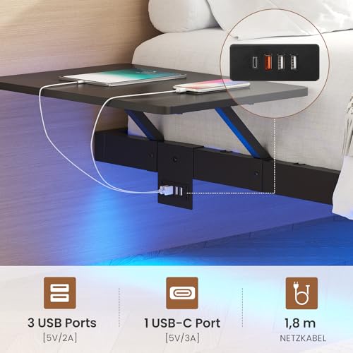 AOGLLATI Bettgestell 140x200 Bett 140x200 aus Metall mit LED Beleuchtung und Ladestation Schwebender Bettrahmen mit Aufbewahrungsregalen Metallbett mit Lattenrost Doppelbett Schwarz (Ohne Matratze) – Bild 4