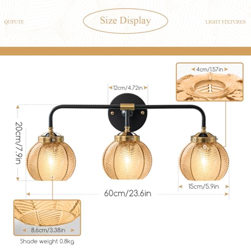 Image of 3 Light Glass Globe Wall Sconce Lights Amber Mid Century Modern Wall Light Fixtures Bathroom Vanity Lights with Ribbed Glass Shade Black Gold Wall Mount Lamp Over Mirror Bedroom