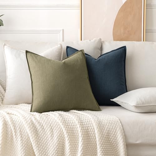 Image of MIULEE Decorative Linen Pillow Covers 16x16 Inch Light Olive Green Boho Farmhouse Neutral Couch Throw Pillows for Bed Pack of 2 Accent Modern Pillowcase Summer Sofa Livingroom Home Decor