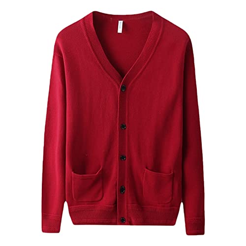 Men's Long-Sleeve Soft Touch Cardigan Sweater Regular Fit Casual Thick Knitted Top V Neck Buttons Sweater Coat with Pockets (Red,Medium)