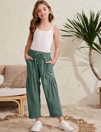 Image of COZYPOIN Girl's Wide Leg Pants Elastic Waist Loose Fit Flowy Casual Beach Palazzo Harem Trousers with Pockets 5-14 Y