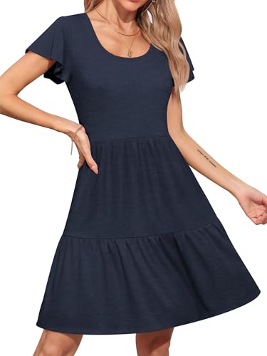 Missufe Damen Sommerkleid A Linien Swing Skaterkleid Babydoll Kurzarm Rüschenkleid Freizeitkleider(Marineblau, L)