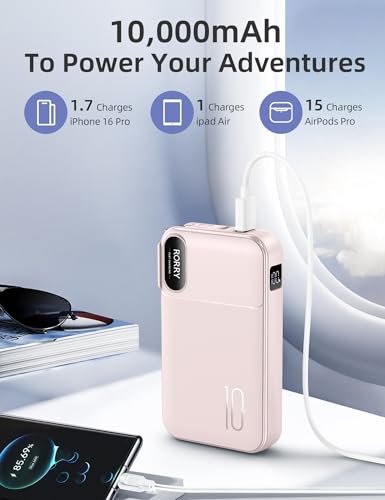 Image of RORRY Portable Charger w /Wall Plug 10000mAh Power Bank 22.5W Battery Pack | Built in Cables, Fast Charging, for iPhone, iPad, Samsung Galaxy, Pixel, LG, Travel Essential, Digital Display, Pocket Size