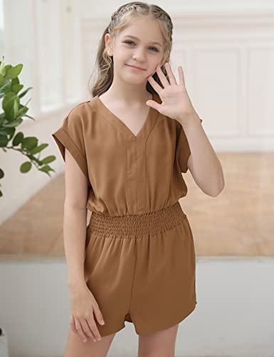 Simtuor Girls Summer Jumpsuit Short Sleeve V Neck Elastic Waist Romper Casual Zipper Solid Short One-Piece Outfits #TOP3