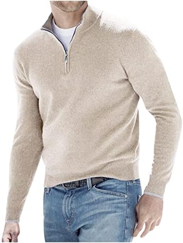Men's Quarter Zip Polo Sweater Casual Solid Color Long Sleeve Wool Pullover Sweatshirts for Men Fashion Knitwear Beige
