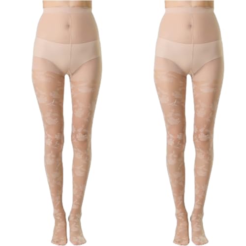 2 Pairs Premium Colorful Flower Embossed Patterned Women's Tights with Designs Cute Sexy Pantyhose Sheer Stockings