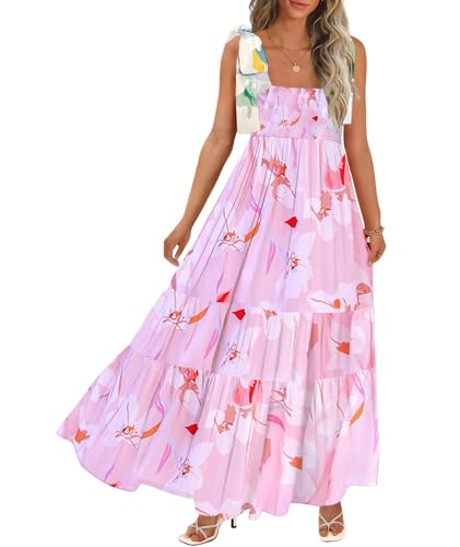 Image of CURBODO Women's Summer Maxi Dress Boho Spaghetti Straps Casual Long A-line Smocked Beach Dress Square Neck Flowy Sun Dress