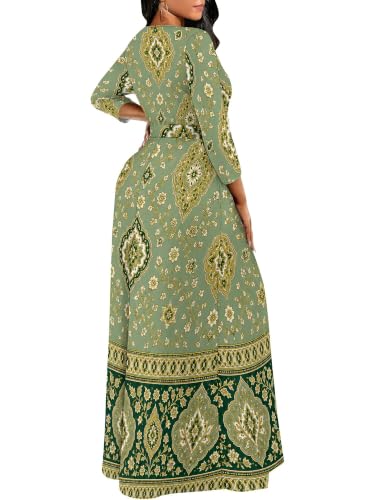 Image of Women Plus Size Long Sleeve V Neck Maxi Dress with Belt | Soft fabric relaxed fit three quarter sleeve v neck with pockets for party and daily wear