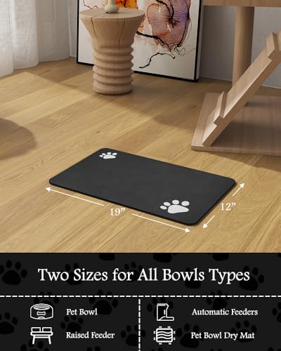 Image of Pet Feeding Mat-Absorbent Dog Mat for Food and Water Bowl-No Stains Quick Dry Water Dispenser Mat-Dog Accessories Pet Supplies-Bowl for Messy Drinkers（Black,12 inchx19 inch