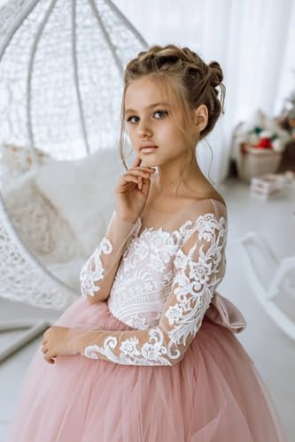 Lace Appliques Wedding Flower Girl Dress Tulle Floor Length First Communion Gown Sheer Long Sleeves Pageant Dress for Party4