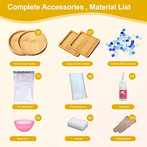 4 Sets DIY Glass Mosaic Tiles for Crafts,Mixed Color Mosaic Kits with Wooden Coaster for Adults,Mosaic Crafts Materials Package for Coaster Handmade Home Decor Gifts
