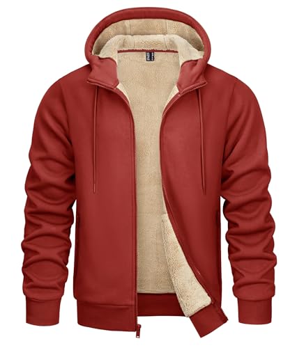KEFITEVD Men's Hoodie Zip Up Casual Jackets Winter Warm Hooded Sweatshirt Sherpa Fleece Lined Hoodies,Orange Red,M