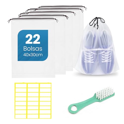 BAPLONEX® Pack de 22 Bolsas para Zapatos de Viaje 40x30cm + Pegatinas para Identificacion de Almacenamiento + Cepillo para Limpieza de Zapatos.