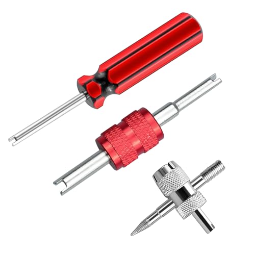 Image of Osilly 3PCS Car Tire Valve Stem Tools, Single Dual Head Vehicle A /C Valve Core Remover Puller, 4 Way Auto Air Conditioning Line Repair Tyre Wrench Tool, Universal for Bicycle RV Truck (Red)