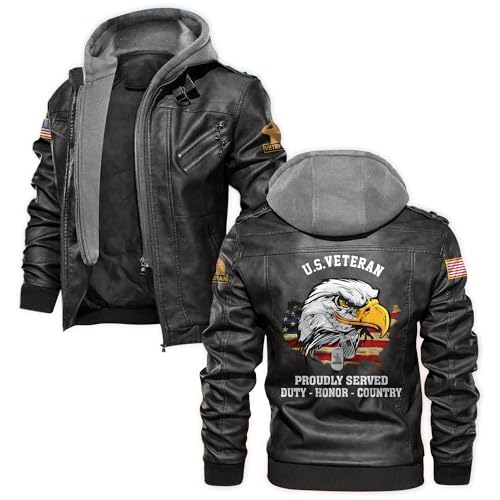 Veteran Leather Jacket Men Motorcycle, Patriotic Jacket Style With Military Features, Perfect For Veterans Day Gifts