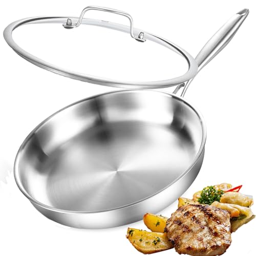Nontoxicook Tri-Ply Stainless Steel Pan, 28cm (11inch) Frying Pan with Lid, Compatible with All Cooktops Up to 315℃, Fast & Even Heat, Skillet, Induction Cookware, Cooking Pan