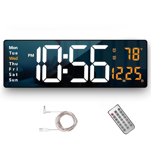 Image of Digital Wall Clock, Digital Clock Large Display, Dual Alarms, Automatic Brightness Dimmer- Easy Track The Time, Date, Day of Week and Temperature, with Remote Control (16 inch Rectangle White & Orenge)