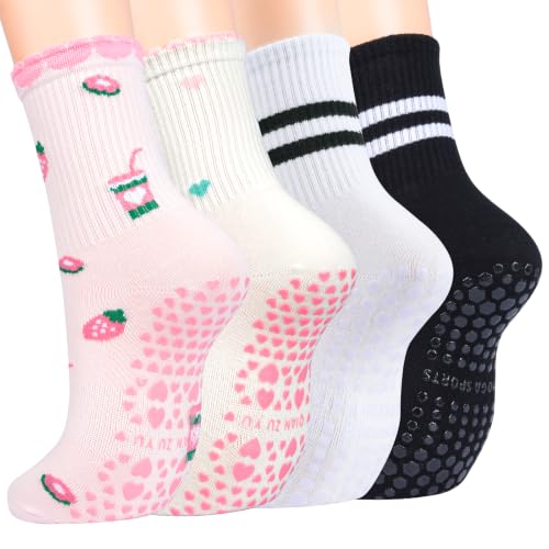 Image of Toes Home Pilates Socks for Women with Non Slip Grippers, Yoga Crew Socks for Barre Hospital Sticky Slipper Socks 4 Pairs
