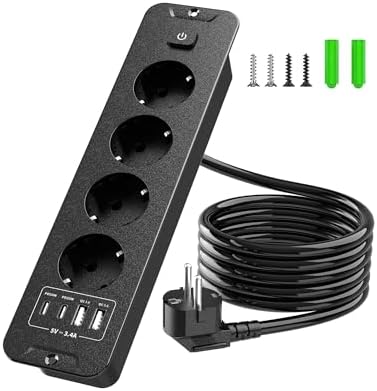 Inhwatek Steckdosenleiste mit USB (PD 20W), 4-Fach Einbausteckdose, Versenkbare Steckdose 8-in-1 Tischsteckdose, Mehrfachsteckdose mit 2M Kabel Für Küche Büro Arbeitsplatte, 3680W/