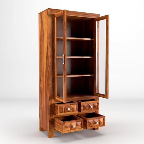 Image of Wood Book Shelf for Home Library | Book Shelf with Acrylic Glass Door | Kitchen Crockery Cabinet, Almirah, Home,Office Study Room Furniture Books Rack (Honey Finish)