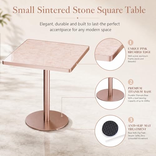 Image of 31.5''Small Square Dining Table,Sintered Stone Tulip table&Metal Edge&Base | Modern Square Pedestal Dining Table for 2-4 Person ,Bistro Tables for Dining Room /Restaurants /Small Spaces /Pubs /Marble Pink
