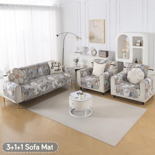 Image of HOKIPO Reversible Quilted Sofa Cover 5 Seater Set, Washable 3+1+1 Sofa Cover, Easy Drape Series, Urban Floral (IN-1101 + IN-1099 * 2-ED4)