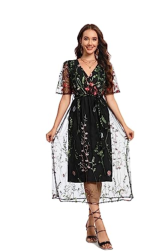Image of BaronHong Women's Floral Embroidered Tulle Prom Half-Sleeve V Neck Midi Dress with Waist Strap