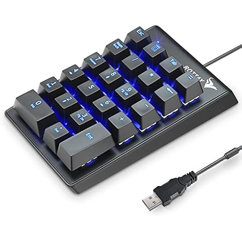 Rottay Number Pad, Mechanical USB Wired Numeric Keypad with Blue LED Backlit 22 Key Numpad for Laptop Desktop Computer PC Black (Blue switches) Cover