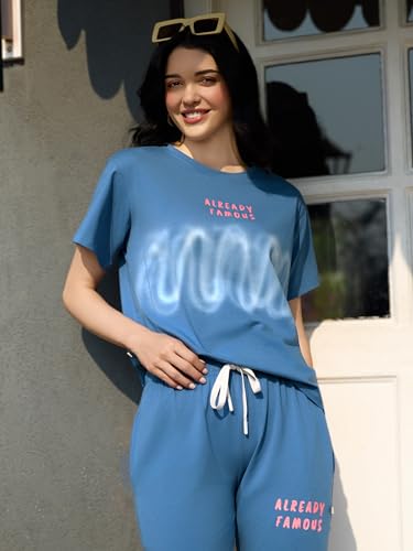 Image of ZEYO Night Suit for Women's Typography Printed Night Dress of Top and Pyjama