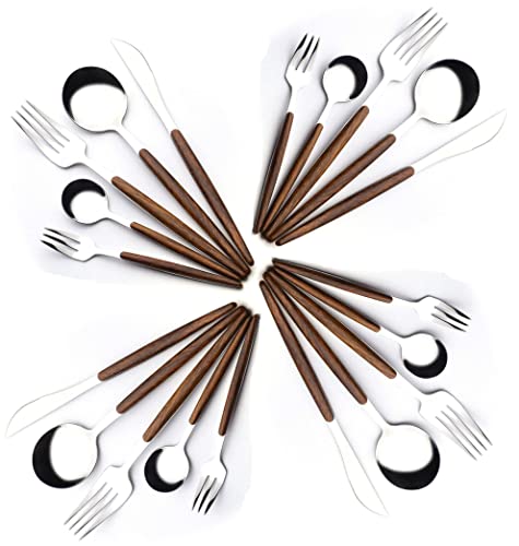 Image of Gold Flatware Matte Wooden Handle Stainless Steel Tableware Sets for 4 Including Forks Spoons Knives, Camping Silverware Travel Utensils Set Cutlery(Silver, Set of 20)