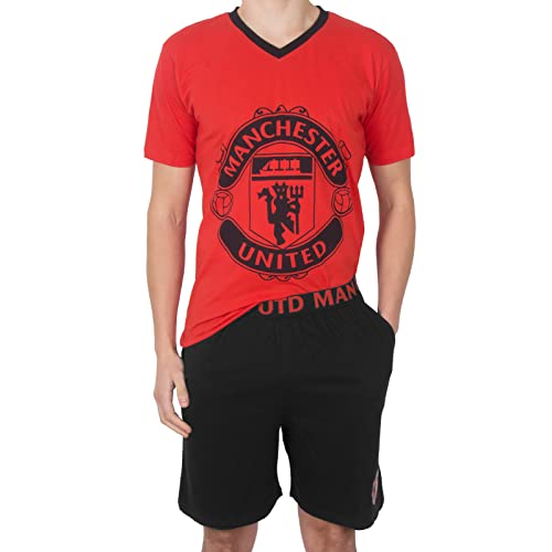 Manchester United FC - Pijama Corto para Hombre - Producto Oficial - Negro/Rojo - Escudo - Mediana