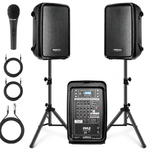 Image of Pyle PA Speaker DJ Mixer Bundle - 300 W Portable Wireless Bluetooth Sound System with USB SD XLR 1 /4 inch RCA Inputs - Dual Speaker, Mixer, Microphone, Stand, Cable - for Home /Outdoor Party