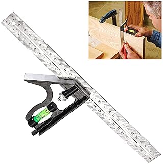 DURANTEY Combination Square Stainless Steel Right Angle Ruler Measurement Tools Adjustable Metric Carpentry Square Engineers Set Square 45/90 Degree with Bubble Level for Woodworking (30*12.5cm)