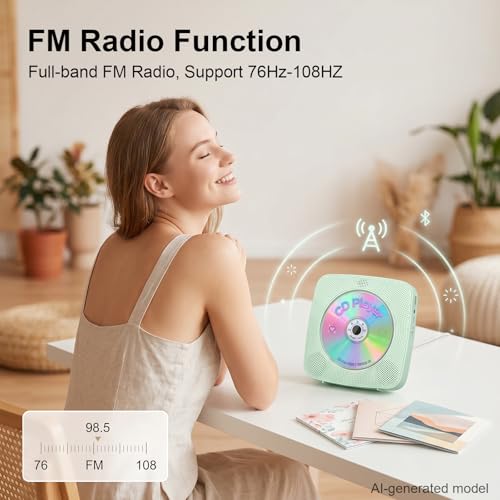 Image of Gueray Portable CD Player Bluetooth: CD Players for Home Rechargeable Desktop Wall Portable CD Player with Bluetooth & Dual Speakers 1800mAh Boombox FM Radio MP3 Music Player (Green)