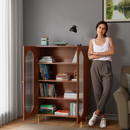 Image of Rocco Stellar Bookshelf with Auto LED Lights & Acrylic Fluted Doors | Engineered Wood Bookcase | Adjustable Shelves, Scratch-Resistant | Living Room, Library & Office (Teak Brown, Tall Size)