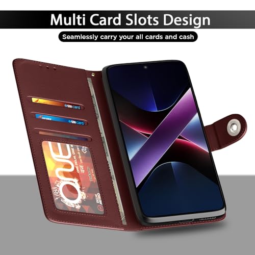 Image of Pikkme Flip Cover Leather Finish | Inside TPU with Card Pockets | Wallet Stand and Shock Proof | Complete Protection Button Flip Case for Poco X7 Pro 5G(Brown)