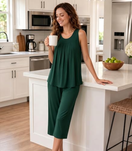 Image of NACHILA Pajamas for Women-Viscose Made from Bamboo, Sleeveless Pjs Tank Top Capri Pants Pajama Sets Cooling Sleepwear
