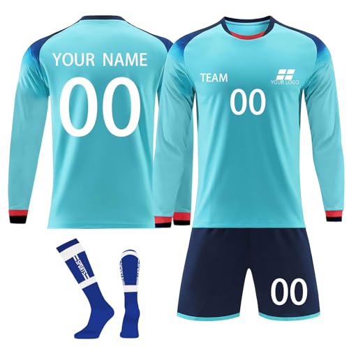 Personalisiert Fußball Trikot für Kinder Erwachsenen,Lange Ärmel Fußball T-Shirt Shorts Socken Sets mit Namen Nummer Team Name