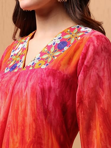 Image of EthnicJunction Women Georgette Relaxed Fit Tie & Dye & Embroidered A-Line Flared Kurta,Summer Kurta,Kurta For Office,Long Kurti