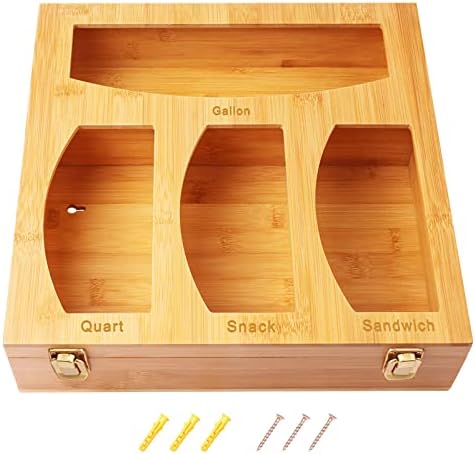 Ziplock Bag Organizer for Drawer- Natural Bamboo Ziplock Bag Storage Organizer Dispenser for Kitchen Drawer, Bamboo Baggie Container for Gallon, Quart, Sandwich, Snack, Slider