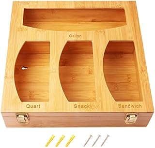 Ziplock Bag Organizer for Drawer- Natural Bamboo Ziplock Bag Storage Organizer Dispenser for Kitchen Drawer, Bamboo Baggie Container for Gallon, Quart, Sandwich, Snack, Slider